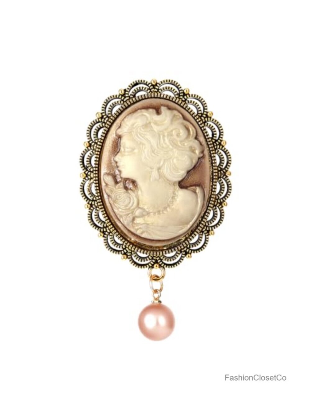 Vintage Embossed Lady Portrait Brooch Pin Dangling Pearl